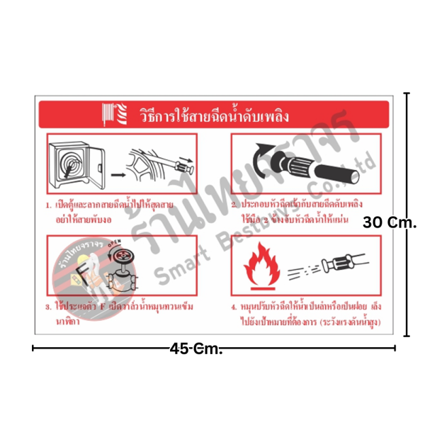 ป้ายวิธีการใช้สายฉีดน้ำดับเพลิง