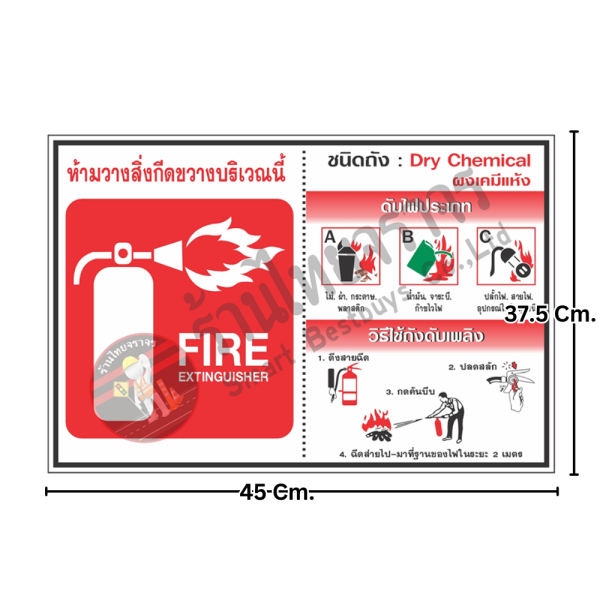 ป้ายห้ามวางสิ่งกีดขวางบริเวณนี้ และวิธีใช้ถังดับเพลิง